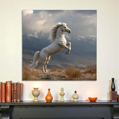Stylized painting of a rearing horse in a mountainous landscape above a shelf with decorative items.