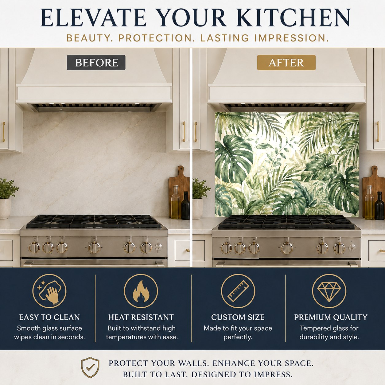 Vibrant tropical palm leaves kitchen backsplash panel behind a farmhouse sink with a matte black faucet.