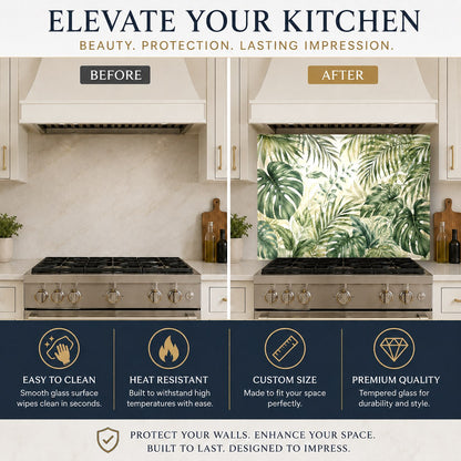 Vibrant tropical palm leaves kitchen backsplash panel behind a farmhouse sink with a matte black faucet.