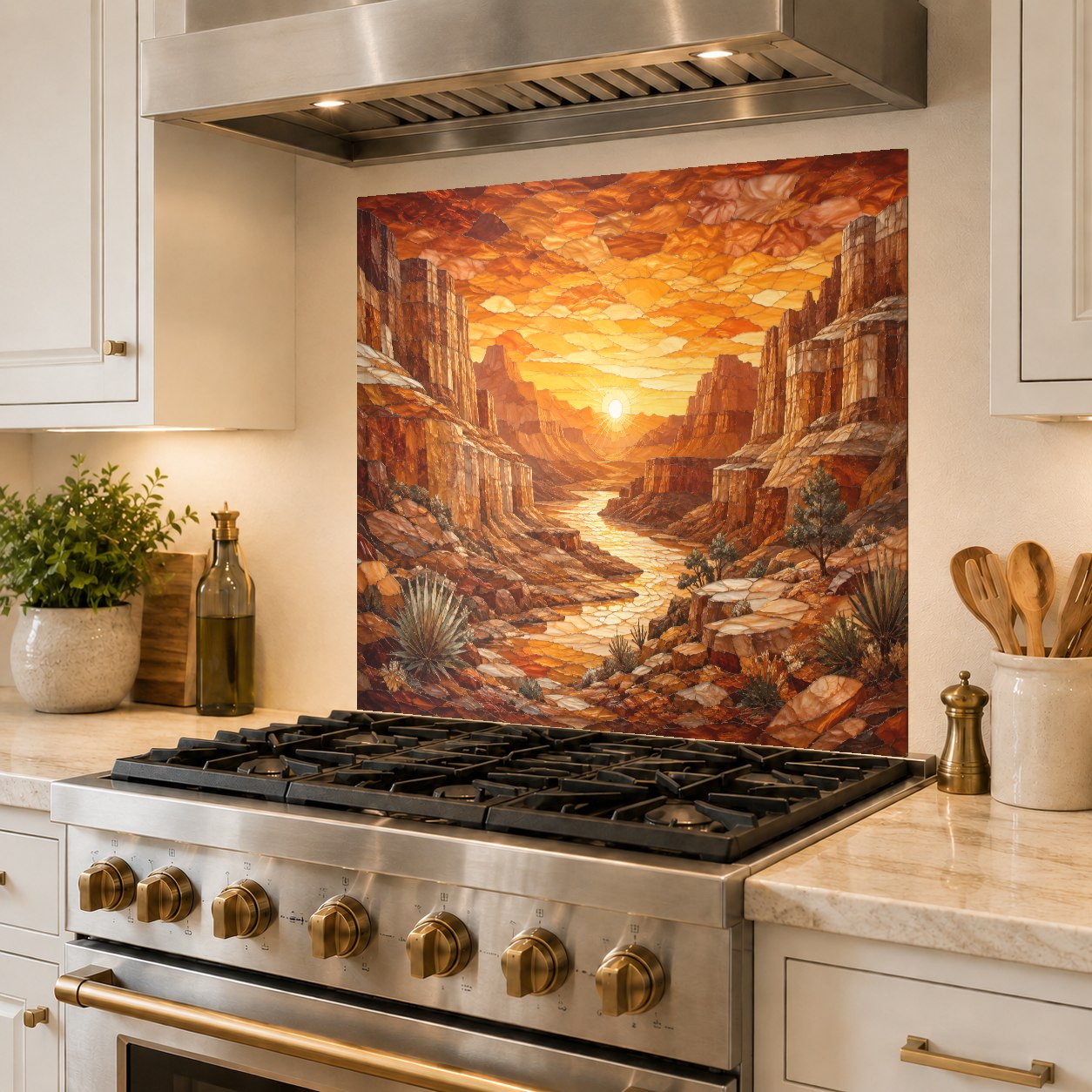 Heat-resistant glass backsplash panel protecting the wall directly behind a busy kitchen stove