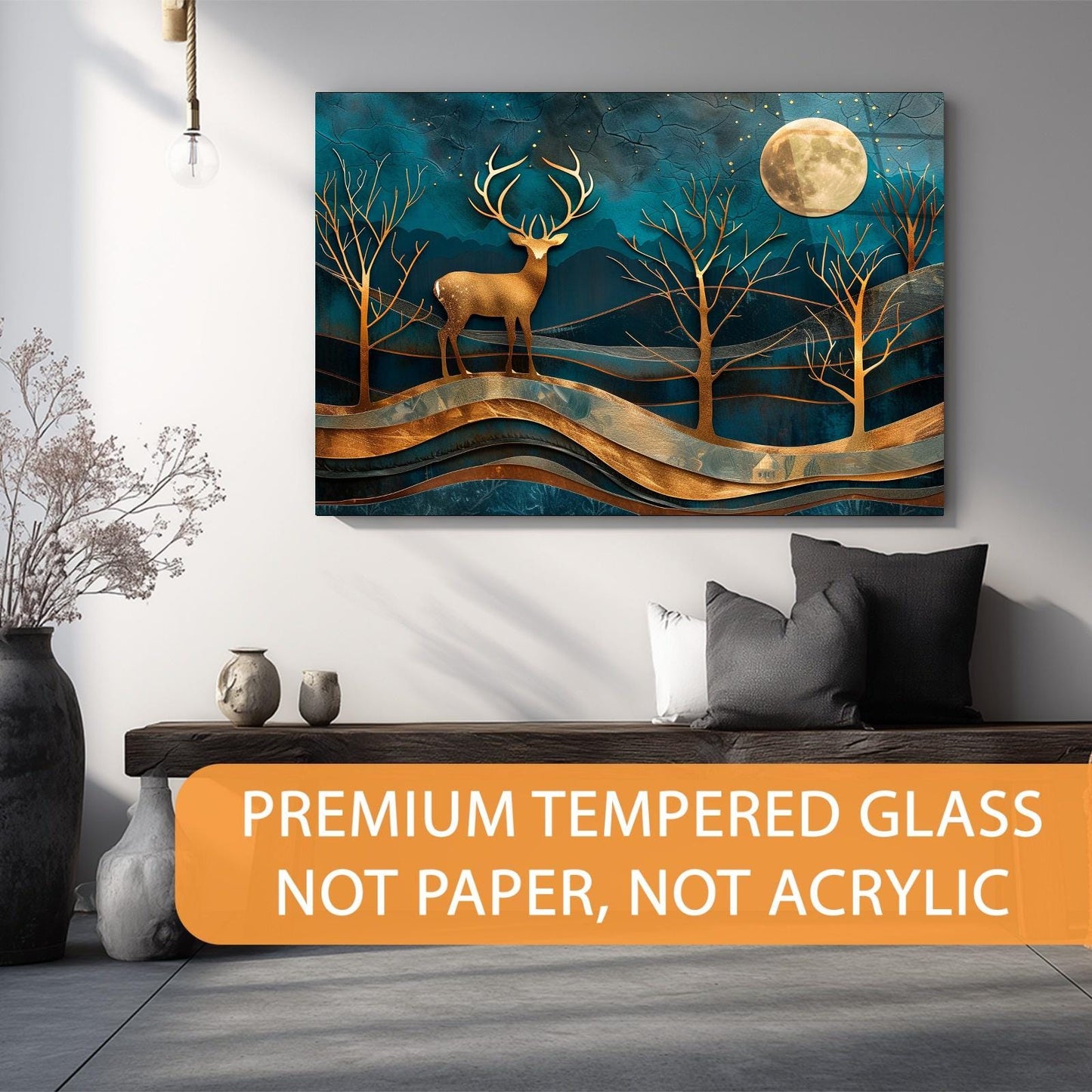 Decorative wall art of a deer in a forest scene with a moon, displayed in a living room.