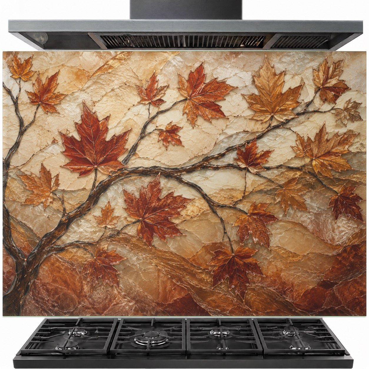 Autumn Maple tempered glass backsplash panel installed behind a modern gas stove in a warm kitchen setting.