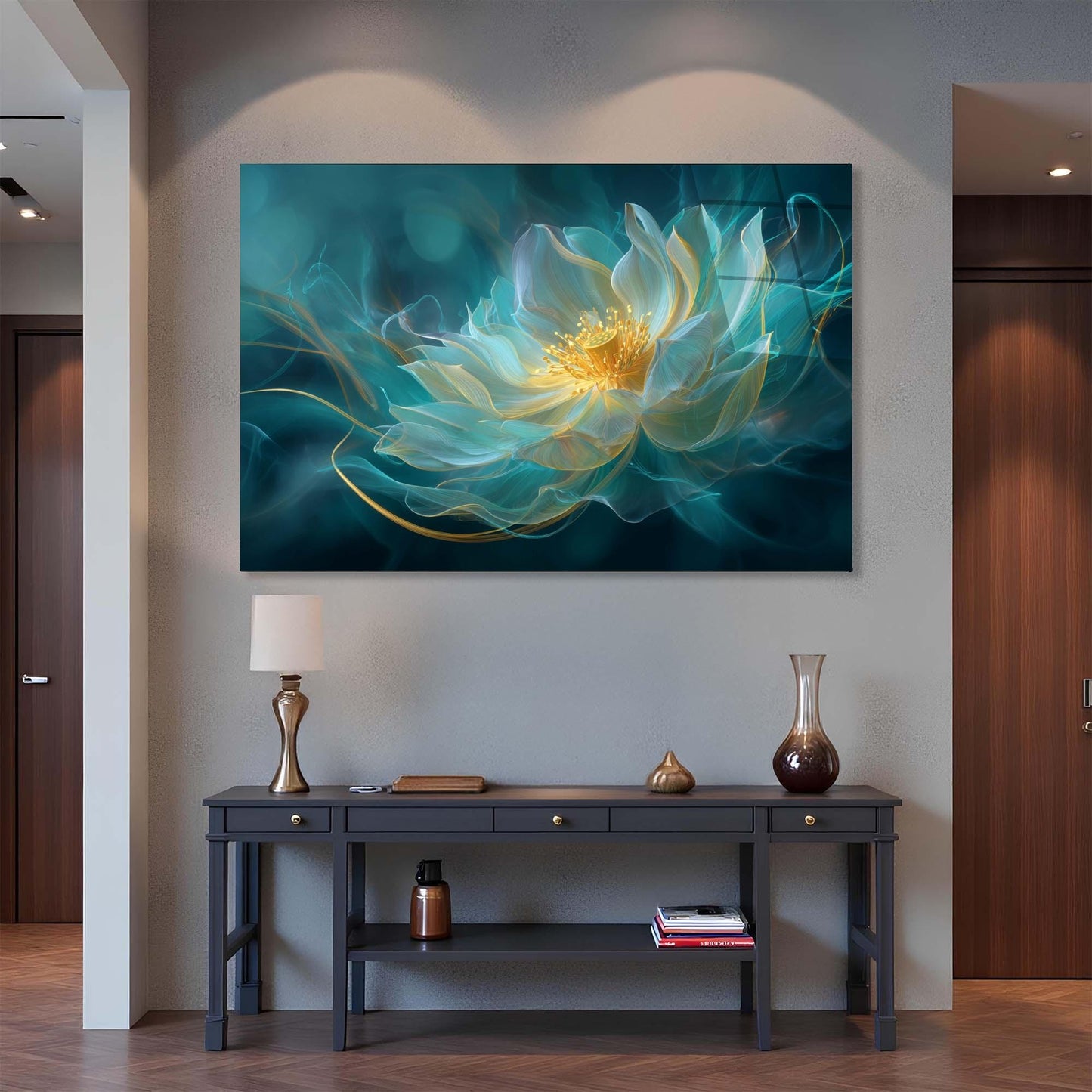 Modern interior with a large abstract flower painting on the wall above a console table.
