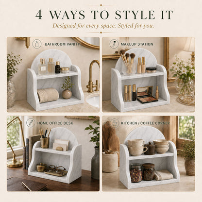 A styled collage showing a two-tier white marble vanity organizer in four home settings: bathroom vanity, makeup station, home office desk, and kitchen/coffee corner. Large text at the top reads '4 WAYS TO STYLE IT' with smaller copy below.