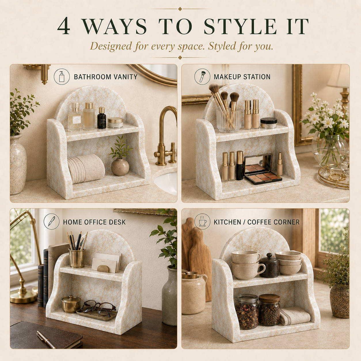 A styled collage showing a small two-tier vanity organizer in four home settings: bathroom vanity, makeup station, home office desk, and kitchen/coffee corner. The organizer has a light marble-look finish and is shown holding various toiletries and decor items.