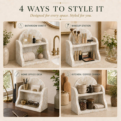 A styled collage showing a small two-tier vanity organizer in four home settings: bathroom vanity, makeup station, home office desk, and kitchen/coffee corner. The organizer has a light marble-look finish and is shown holding various toiletries and decor items.