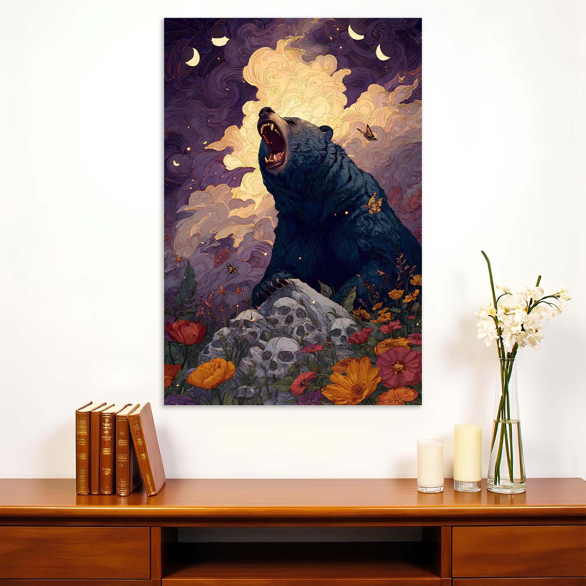 Framed artwork of a bear roaring with flowers and skulls on a wall above a wooden shelf.