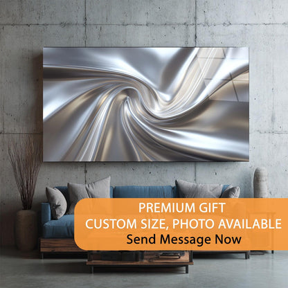 Abstract metal swirl artwork on a wall above a sofa with promotional text overlay.