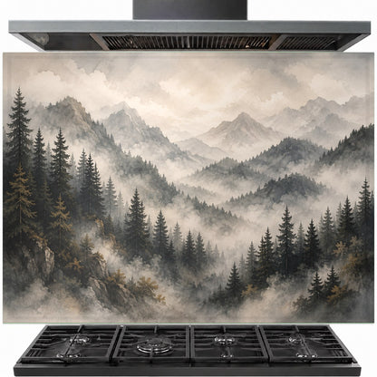 Forest Veil tempered glass backsplash installed behind a modern gas stove in a contemporary kitchen.