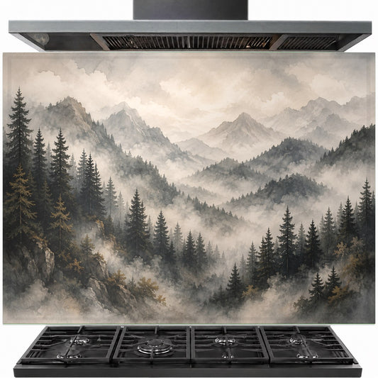 Forest Veil tempered glass backsplash installed behind a modern gas stove in a contemporary kitchen.