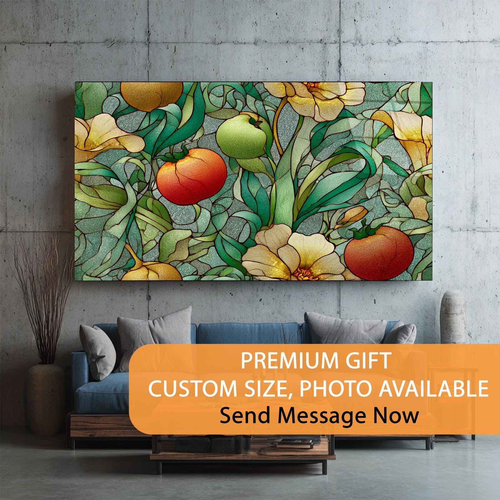 Decorative stained glass-style wall art with fruits and flowers in a living room setting.