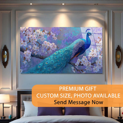 Peacock Blossom Tempered Glass Wall Art | Elegant Nature Decor