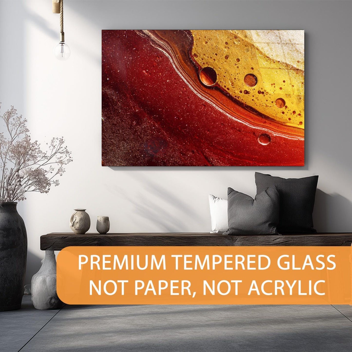 Abstract art piece on a wall with decorative elements below, featuring text about premium tempered glass.
