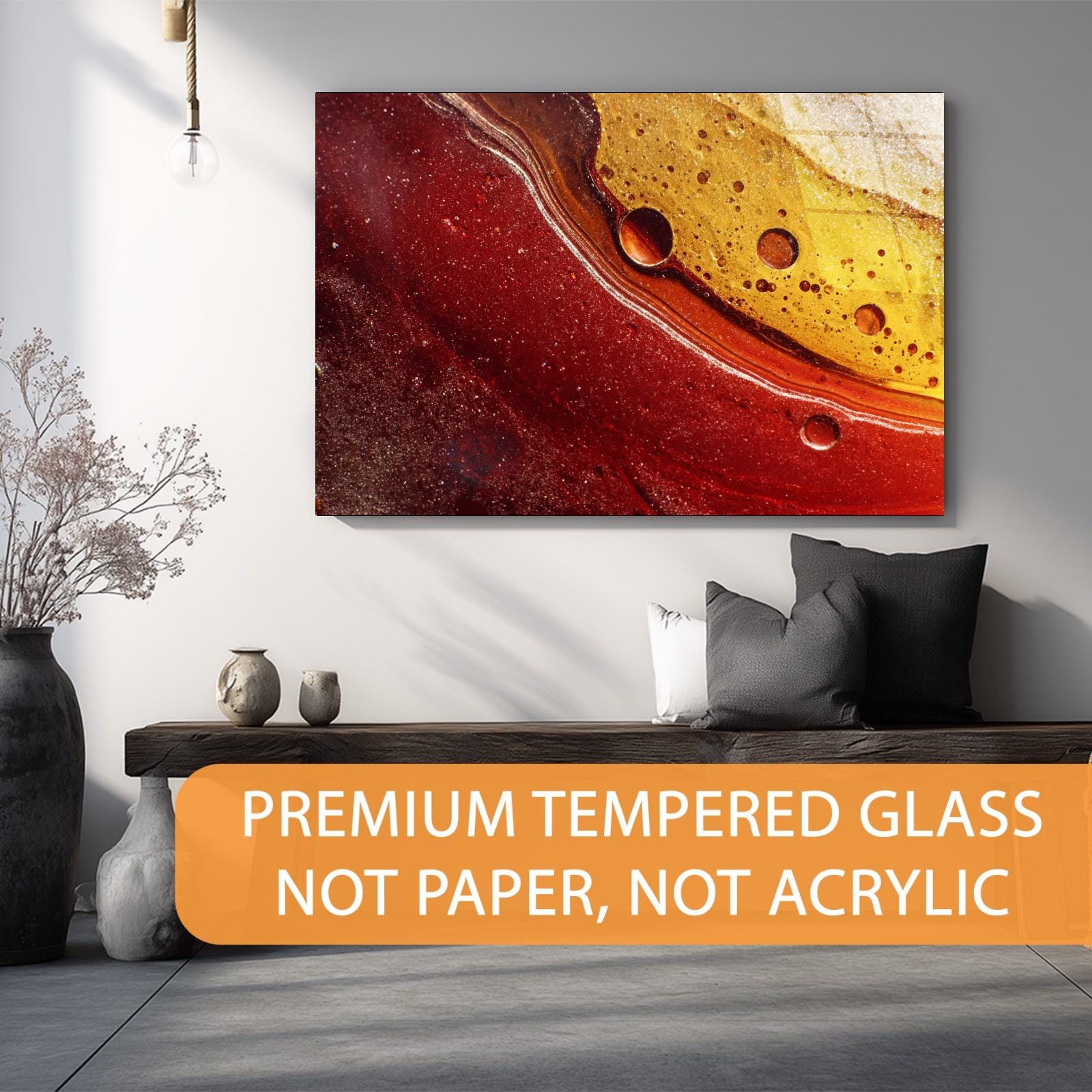 Abstract art piece on a wall with decorative elements below, featuring text about premium tempered glass.