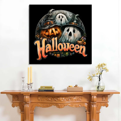 Halloween-themed decorative wall art above a wooden mantelpiece with candles and books.