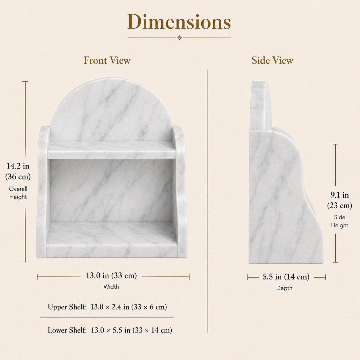 A dimension diagram of a white marble shelf with front and side views, showing measurements for overall height, width, depth, and shelf heights on a light beige background.