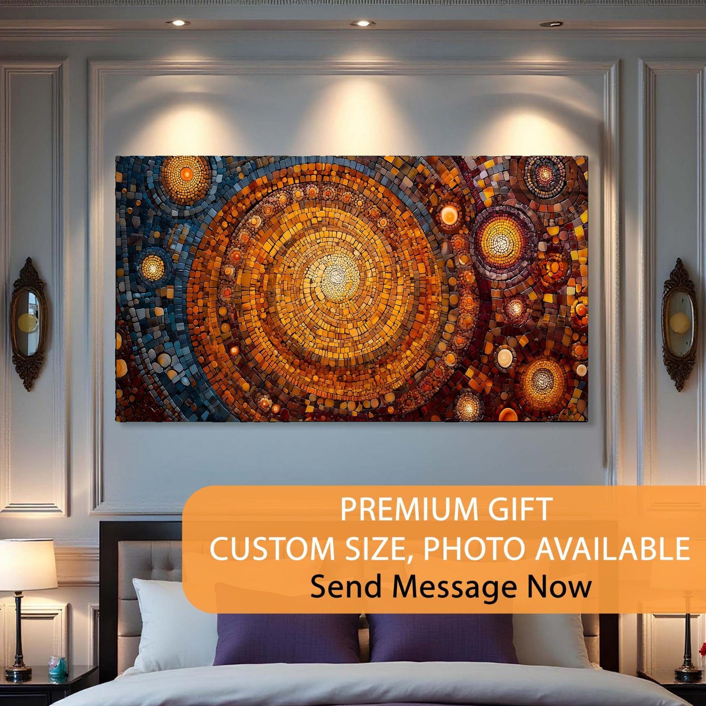 Decorative wall art above a bed in a bedroom with promotional text overlay.