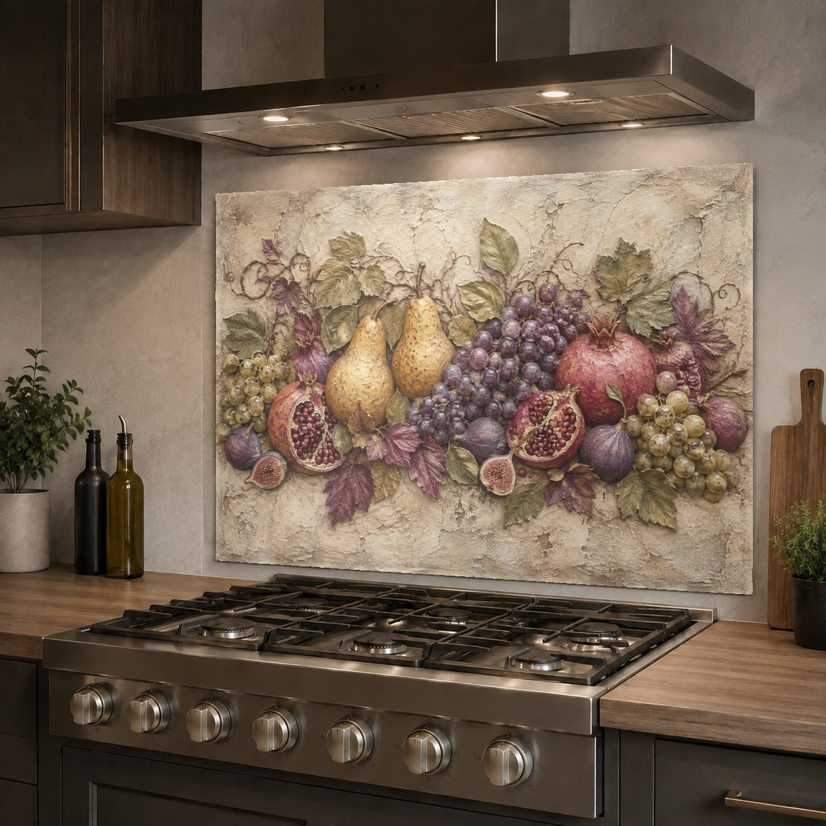 Tempered glass fruit pattern backsplash panel on a kitchen island wall