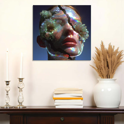 Abstract art piece on a wall above a wooden shelf with decorative items.