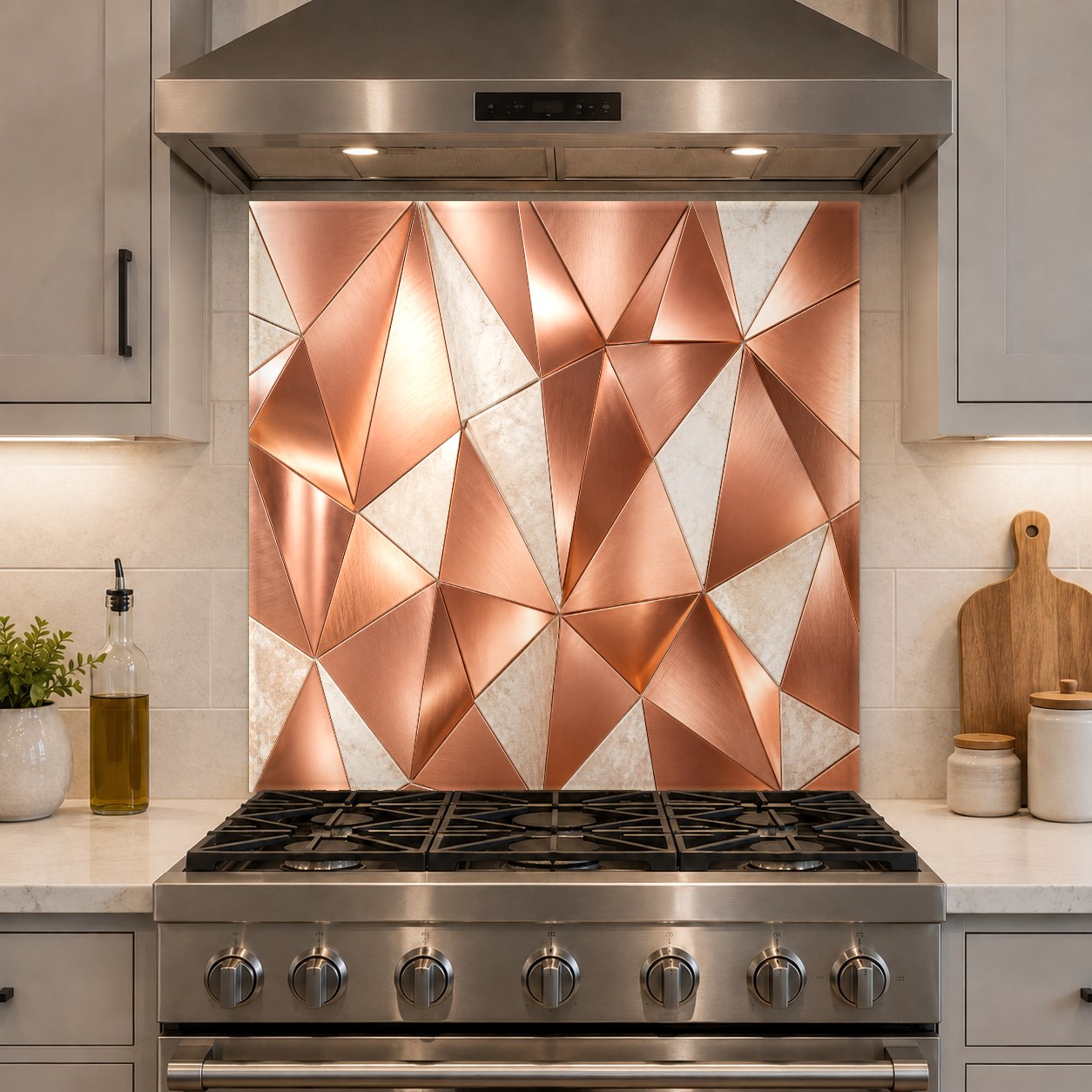 Close-up of heat-resistant abstract copper glass backsplash behind a kitchen range
