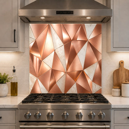 Close-up of heat-resistant abstract copper glass backsplash behind a kitchen range
