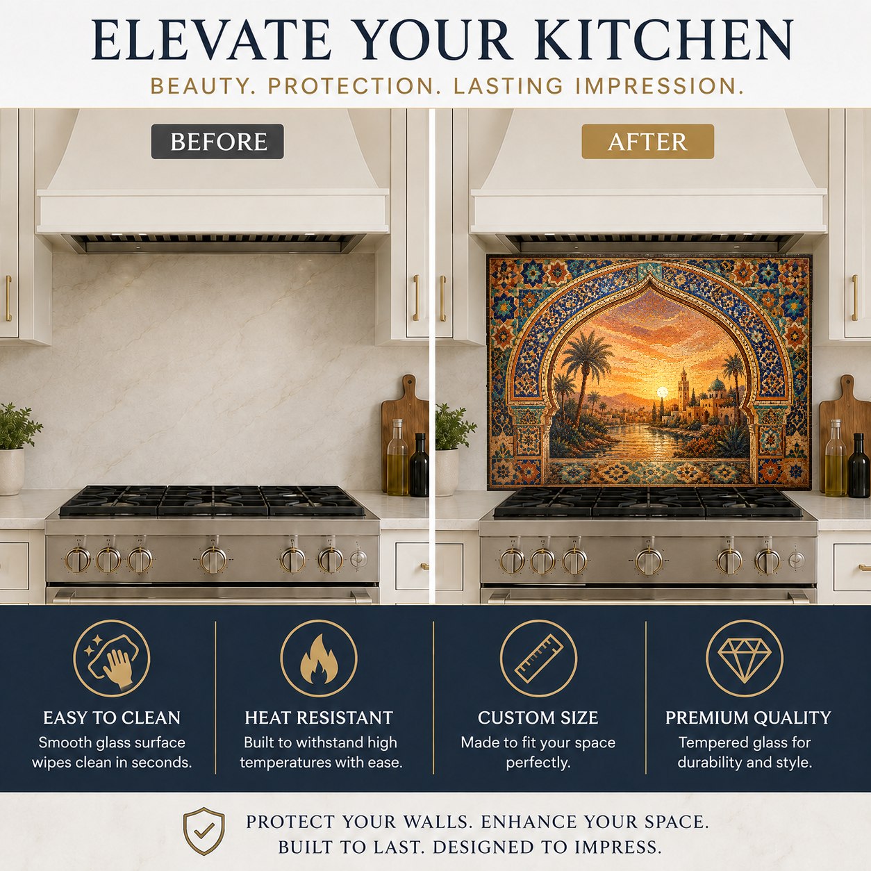 Modern kitchen design featuring a Sunset Oasis tempered glass backsplash as a stove splash guard.