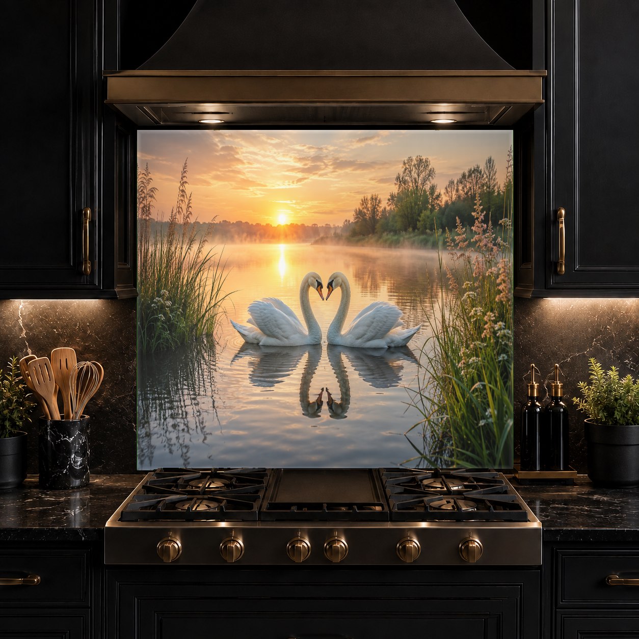 Love Lake design glass kitchen backsplash installed as a protective barrier on a sink wall.