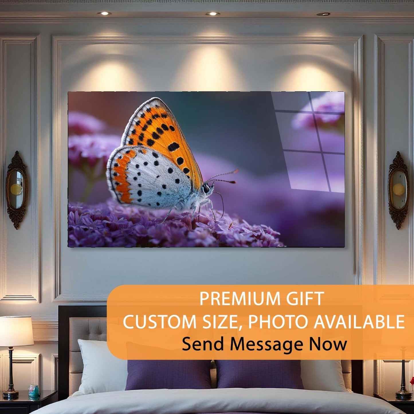 Butterfly on a flower displayed on a wall in a bedroom setting with promotional text overlay.