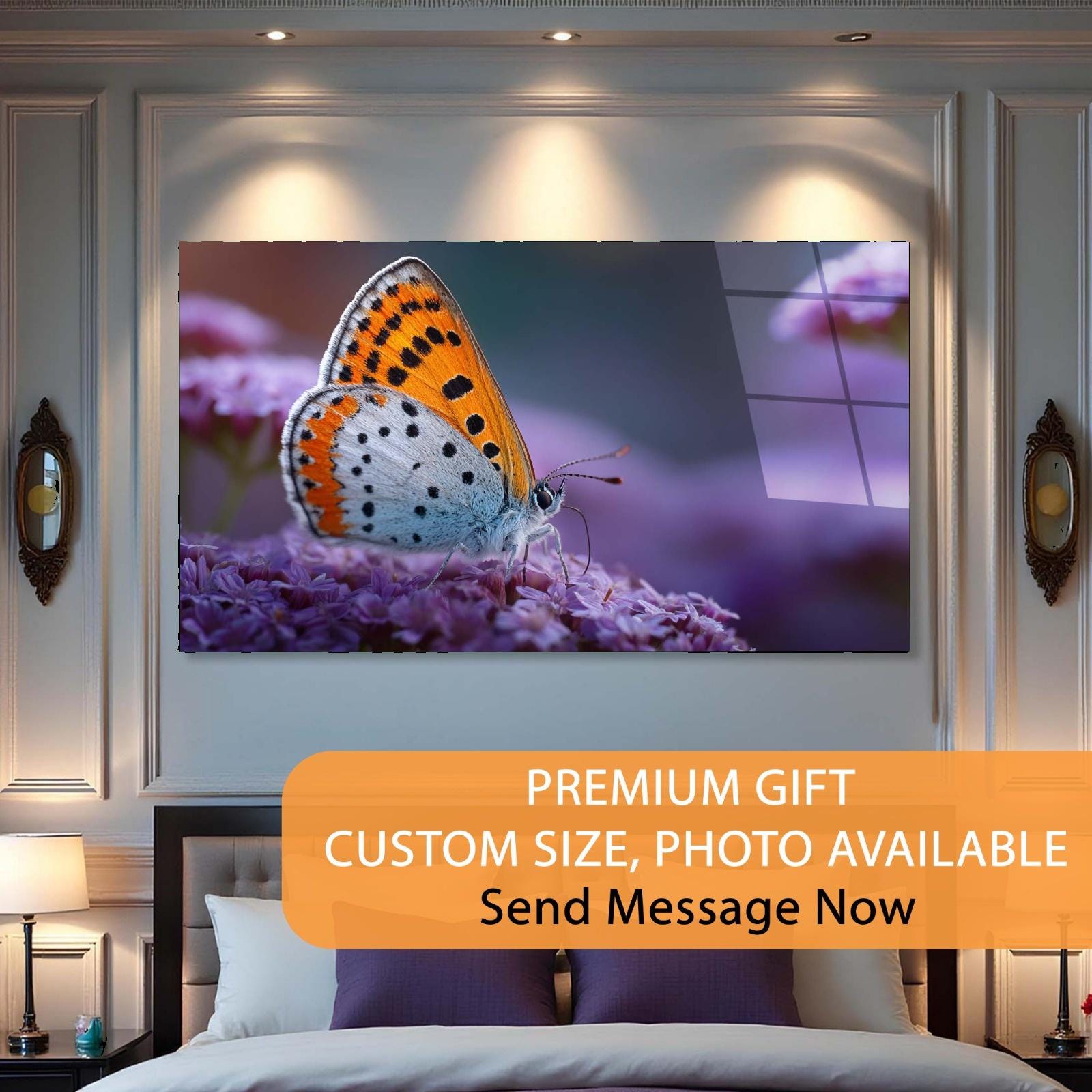 Butterfly on a flower displayed on a wall in a bedroom setting with promotional text overlay.