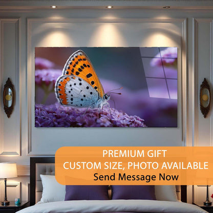 Butterfly on a flower displayed on a wall in a bedroom setting with promotional text overlay.
