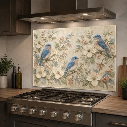Tempered glass backsplash featuring avian design in a kitchen island setting
