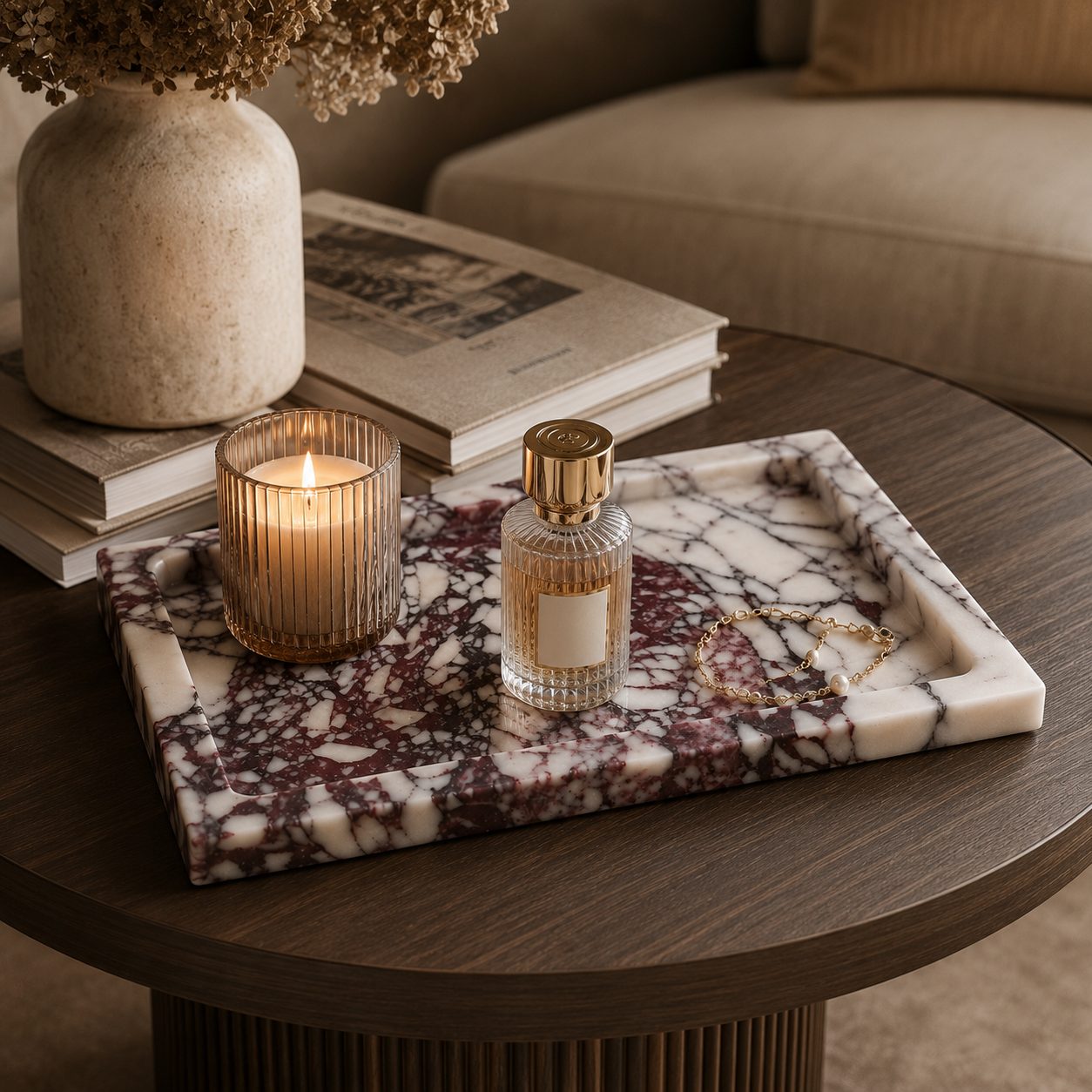 A rectangular marble-style tray with a white base and dark purple marbling sits on a round wooden table in a styled interior. The tray holds a lit candle in a ribbed glass holder, a small clear perfume bottle with gold detailing, and a gold chain.
