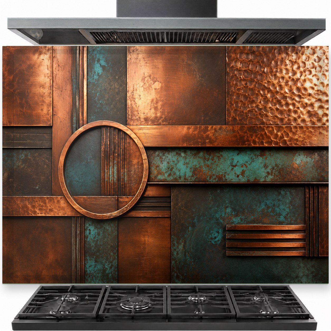 Patina Copper tempered glass backsplash installed behind a modern gas stove