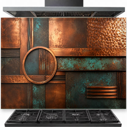 Patina Copper tempered glass backsplash installed behind a modern gas stove