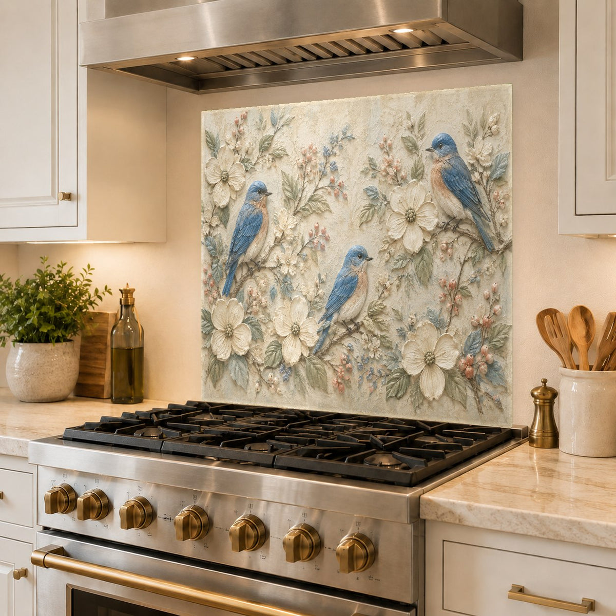 Tempered glass kitchen backsplash protecting a tiled wall behind the stove