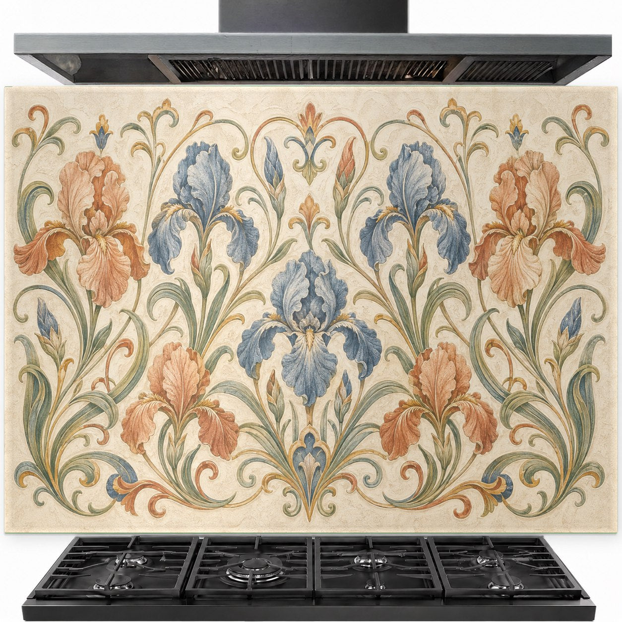 Elegant floral beige tempered glass backsplash panel installed behind a modern gas stove.