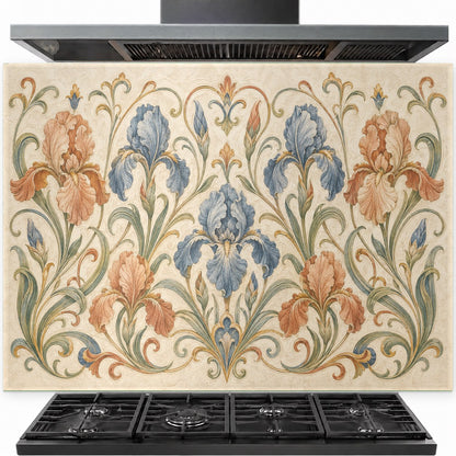 Elegant floral beige tempered glass backsplash panel installed behind a modern gas stove.