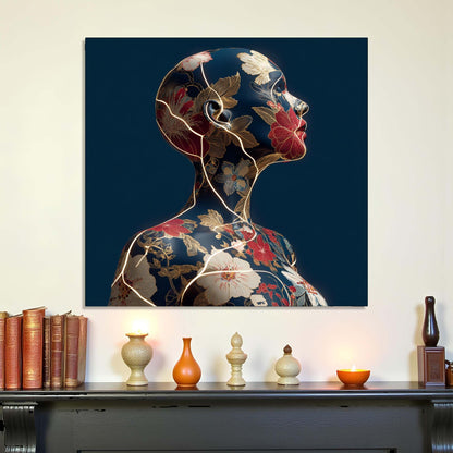 Abstract art of a woman's profile with floral patterns on a wall above a shelf with decorative items.