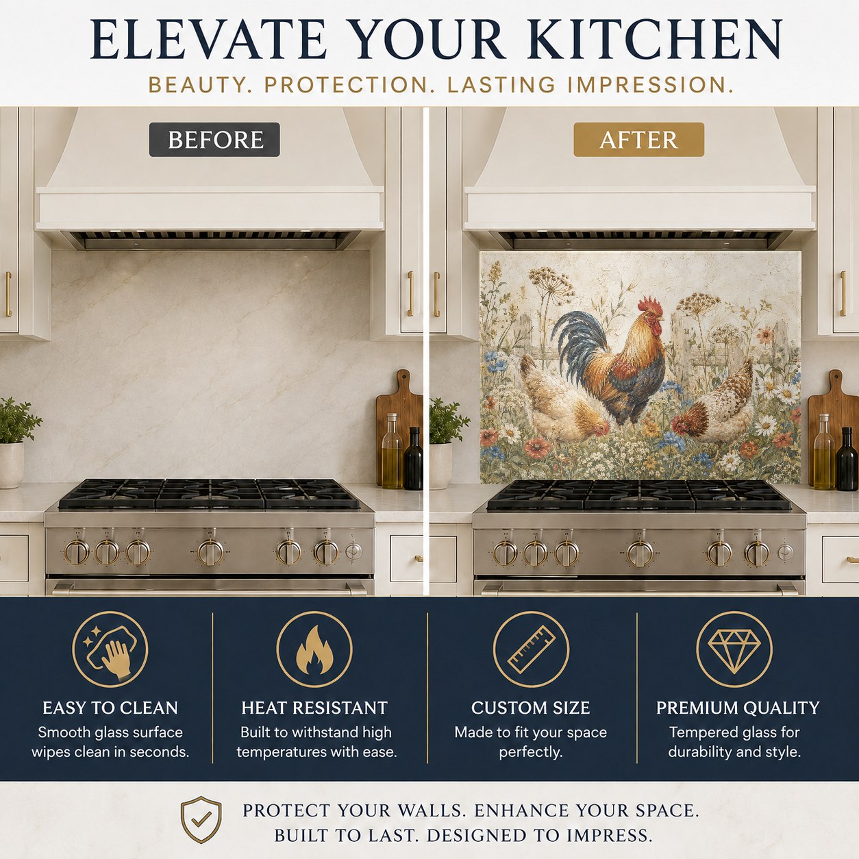 A heat-resistant glass backsplash featuring a rustic rooster design on a cozy kitchen sink wall.
