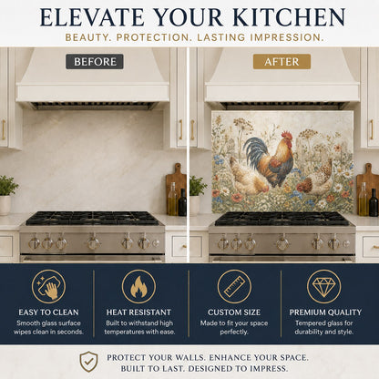 A heat-resistant glass backsplash featuring a rustic rooster design on a cozy kitchen sink wall.