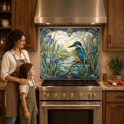 Scenic river bird kitchen glass backsplash panel mounted behind a modern cooktop