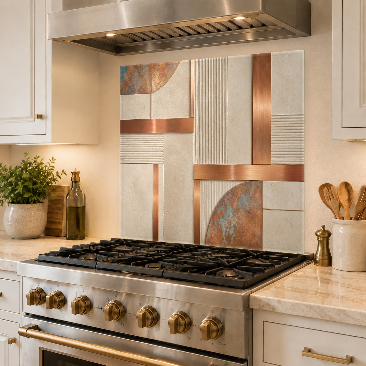 Rust-toned metallic glass backsplash panel reflecting light in a beautifully styled rustic kitchen.