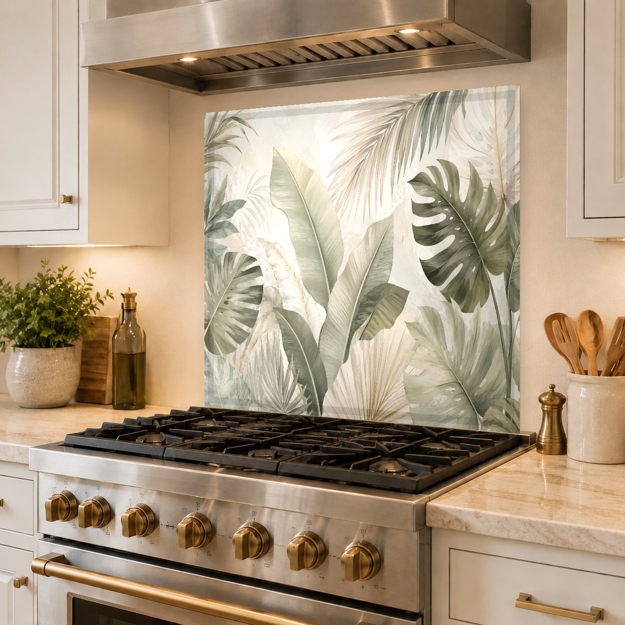 Full view of a minimal green tempered glass backsplash panel upgrading a modern kitchen wall
