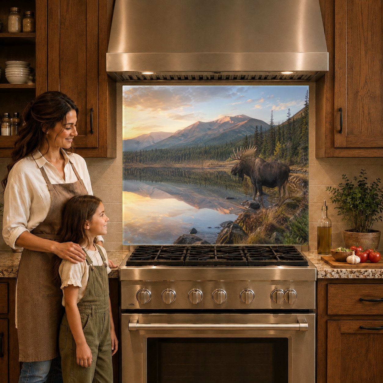 Close-up of the misty mountain lake and elk design on a glass backsplash panel behind an induction cooktop.
