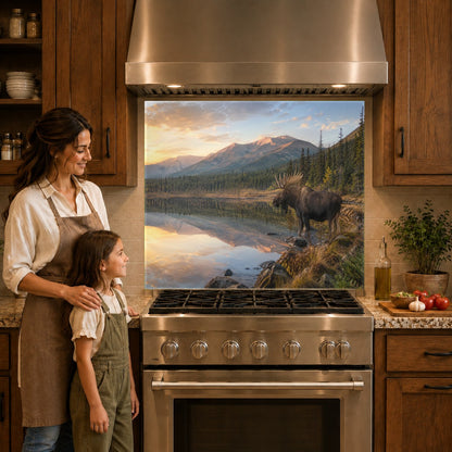 Close-up of the misty mountain lake and elk design on a glass backsplash panel behind an induction cooktop.