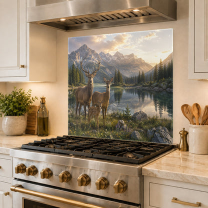 Nature-themed deer family glass backsplash on a kitchen sink wall, bringing a peaceful forest look indoors.