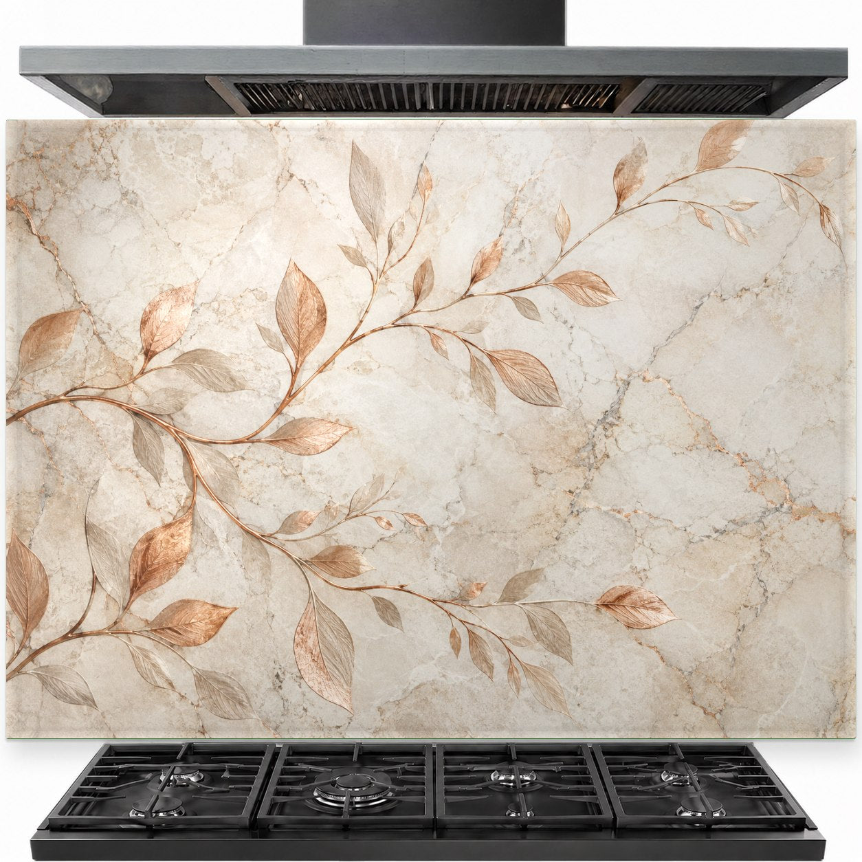 Copper branches design on a tempered glass kitchen backsplash panel installed behind a modern gas range stove.