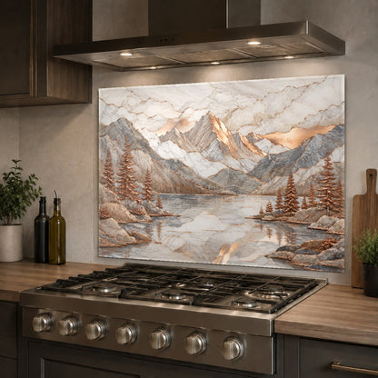 Durable heat-resistant glass backsplash with copper mountain lake artwork protecting the kitchen wall behind a stove.