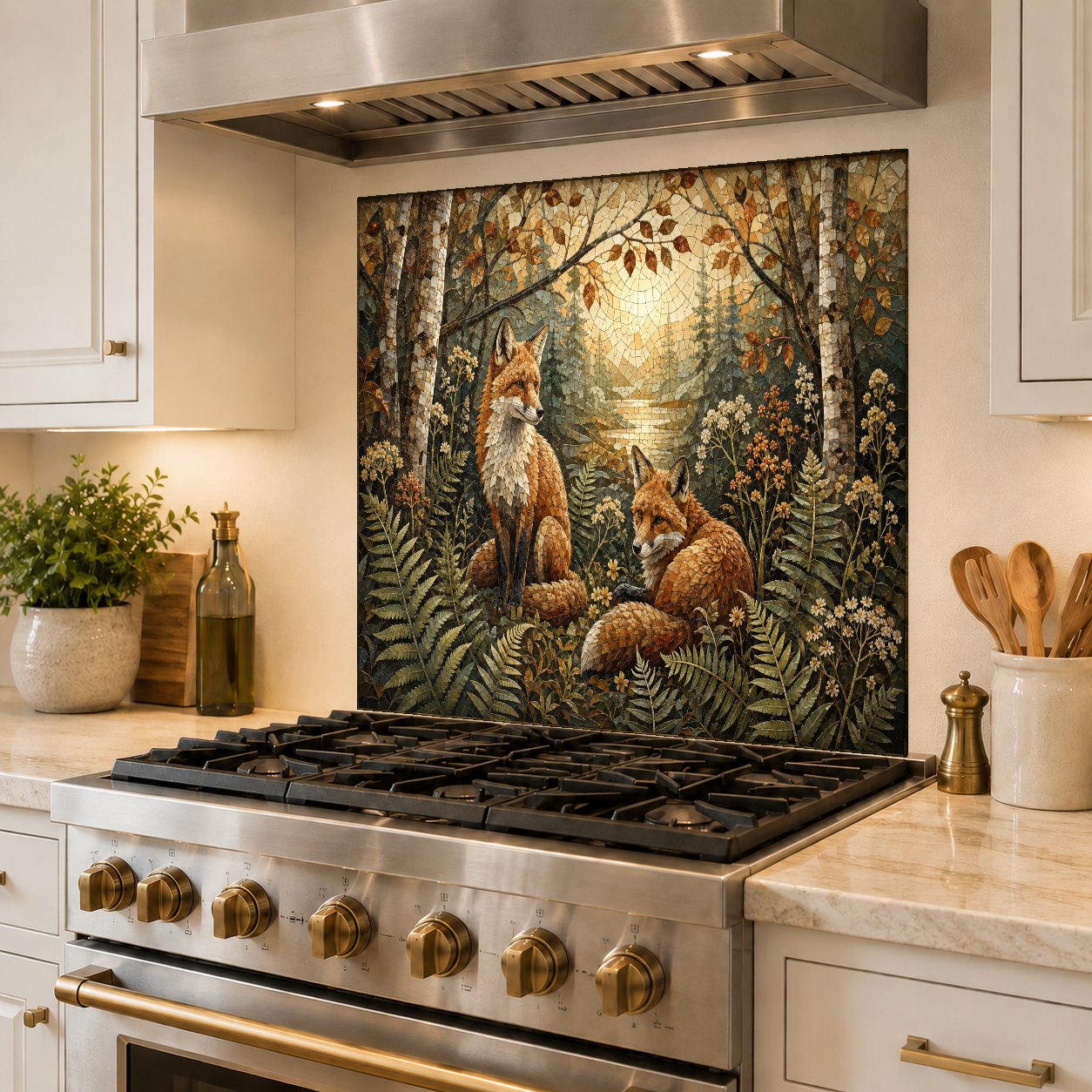 Foxes in a birch forest glass backsplash panel acting as an elegant splash guard behind a kitchen stove.