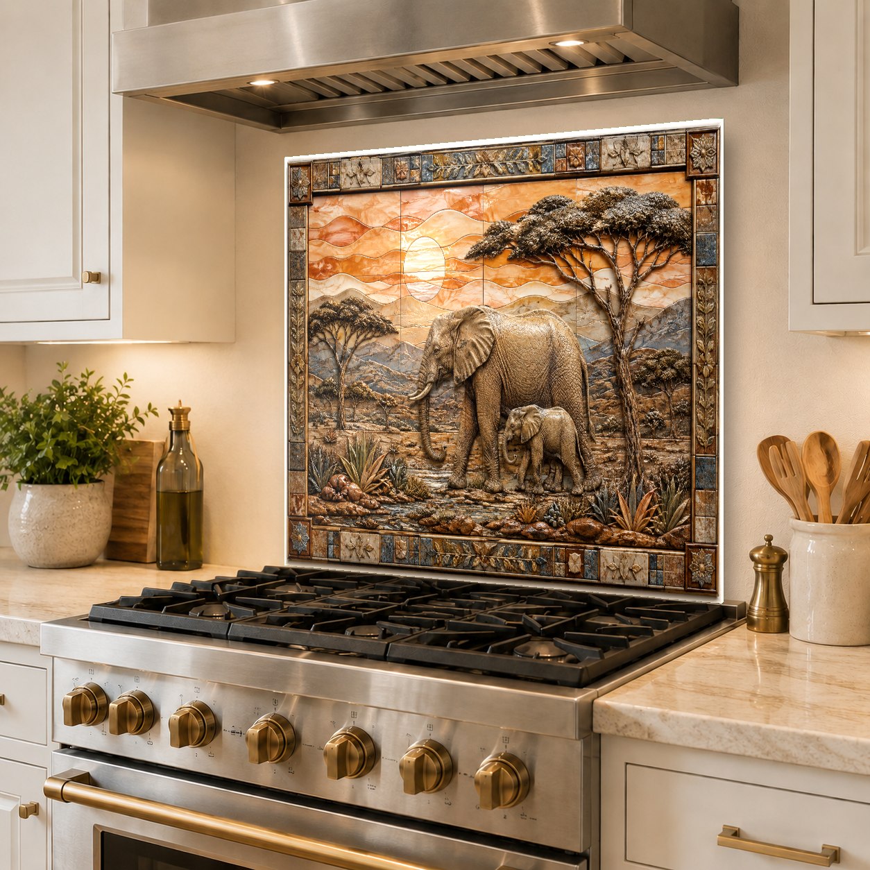 Heat-resistant glass kitchen backsplash with elephant print behind a range hood